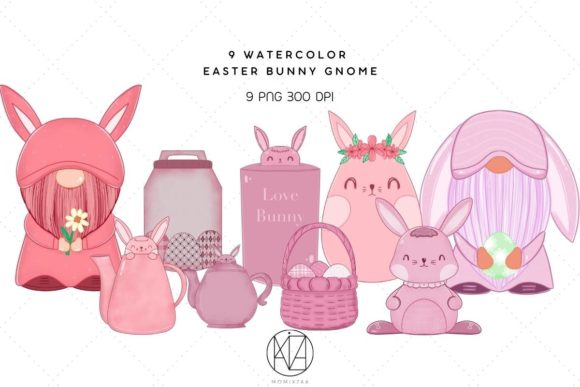 Download 9 Watercolor Easter Bunny Gnome Pink - Watercolor easter Collection
