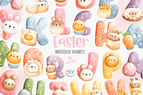 Download Watercolor Easter Alphabet, Rabbit Fonts - Watercolor easter Collection