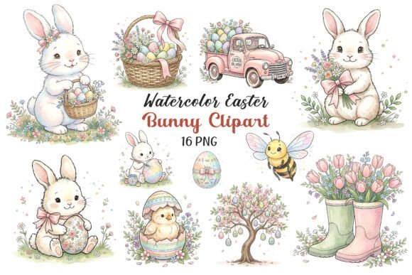 Download Watercolor Easter Bunny Clipart 16 PNGs - Watercolor easter Collection