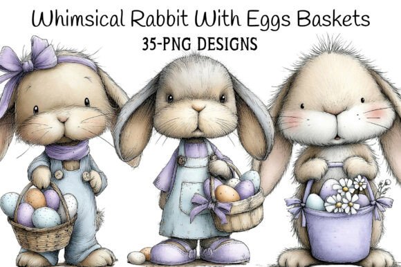 Download Whimsical Rabbit Clipart with Eggs Baske - Egg Collection